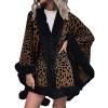 tuduoms Womens Winter Loose Large Size Leopard Knitted Cardigan Bat Sleeve Fur Trim Warm Poncho Coat Outerwear Oversized Cape view 1