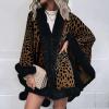tuduoms Womens Winter Loose Large Size Leopard Knitted Cardigan Bat Sleeve Fur Trim Warm Poncho Coat Outerwear Oversized Cape view 2