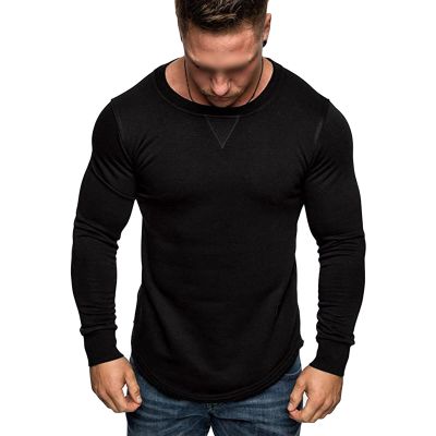 Maiyifu-GJ Men's Long Sleeve Muscle Fitted T-Shirt Gym Workout Athletic Stretch Shirts Crew Neck Bodybuilding Training Top (Black,X-Large)