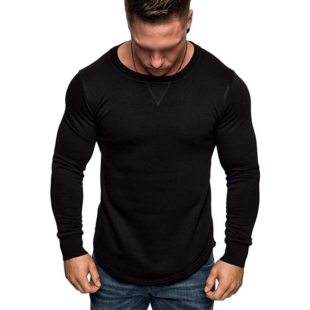Maiyifu-GJ Men's Long Sleeve Muscle Fitted T-Shirt Gym Workout Athletic Stretch Shirts Crew Neck Bodybuilding Training Top (Black,X-Large)