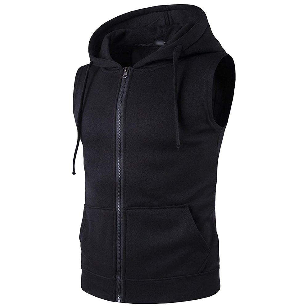Maiyifu-GJ Men's Zip Up Hoodie Tank Tops Sleeveless Bodybuilding Fitness Muscle Hoodies Lightweight Gym Hooded Vest Blouse (Black,Large)