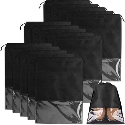 15 Pieces Travel Shoe Bag, Large Non-Woven Drawstring Shoes Storage Bags with Transparent Slot for Men and Women (Black)