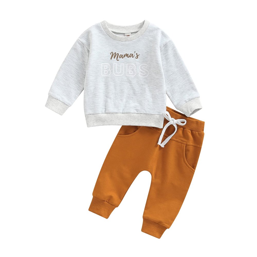 BOIBOKOKO Infant Baby Boy Fall Winter Outfits Long Sleeve Letter Print/Cow Sweatshirt Top Solid Color Pants Set 2PCS Baby Clothes Set (Grey, 6-12 Months)