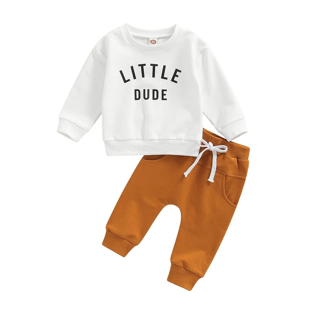 BOIBOKOKO Infant Baby Boy Fall Winter Outfits Long Sleeve Letter Print/Cow Sweatshirt Top Solid Color Pants Set 2PCS Baby Clothes Set (White B, 0-6 Months)