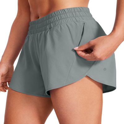 CRZ YOGA Dolphin Athletic Shorts for Women 5" - High Waisted Quick Dry for Running Workout Gym Track with Zip Pocket Grey Sage Medium