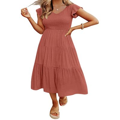 MEROKEETY Women's Summer Casual Ruffle Midi Dress V Neck Smocked Flowy Long Sun Dress, Rust, M