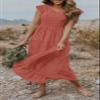 MEROKEETY Women's Summer Casual Ruffle Midi Dress V Neck Smocked Flowy Long Sun Dress, Rust, M view 2