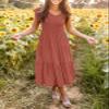 MEROKEETY Women's Summer Casual Ruffle Midi Dress V Neck Smocked Flowy Long Sun Dress, Rust, M view 3