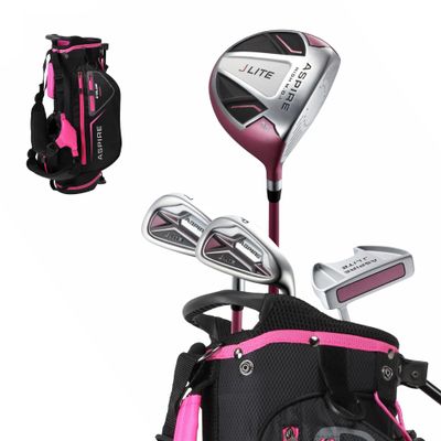 Aspire X-Lite Super Performance Junior Golf Club Set - Right-Handed Kids Golf Set with Driver, Hybrid, 7 Iron, Putter, Stand Bag & Headcovers - Pink Ages 3-5