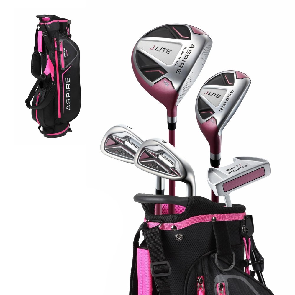 Aspire X-Lite Super Performance Junior Golf Club Set - Right-Handed Kids Golf Set with Driver, Hybrid, 7 Iron, Putter, Stand Bag & Headcovers - Pink Ages 9-12