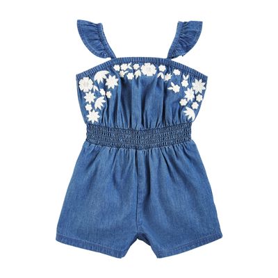 Mud Pie Baby Girls Embroidered Denim Romper, Blue, 5T