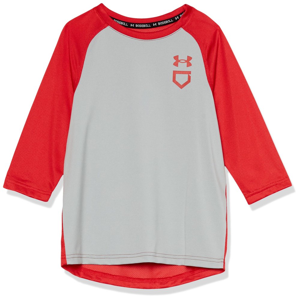 Under Armour Boys Utility 3/4 Performance Shirt, (013) Mod Gray Full Heather/Red/Red, Large