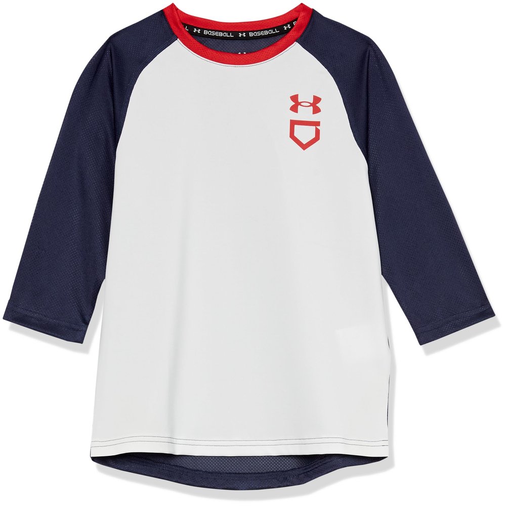 Under Armour Boys Utility 3/4 Performance Shirt, (100) White/Midnight Navy/Red, Large