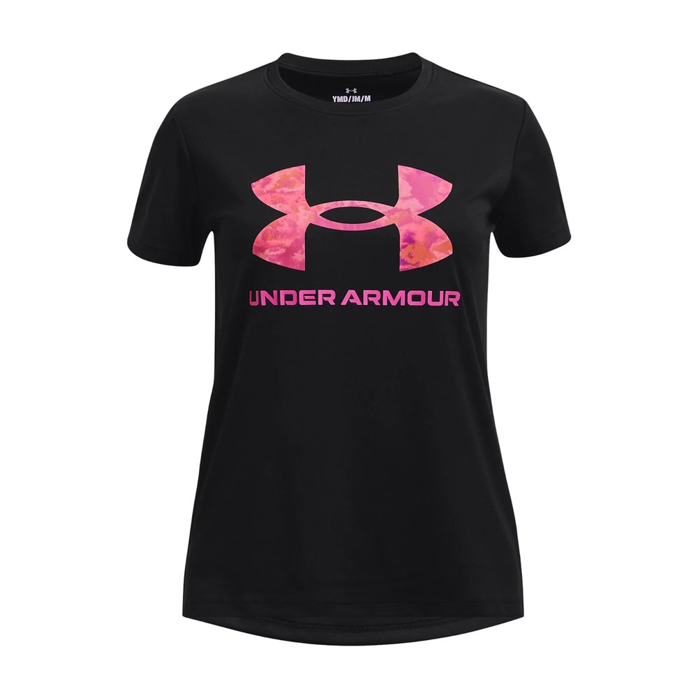 Under Armour Girls Tech Print Big Logo Short Sleeve Crew, (004) Black / / Rebel Pink, X-Large