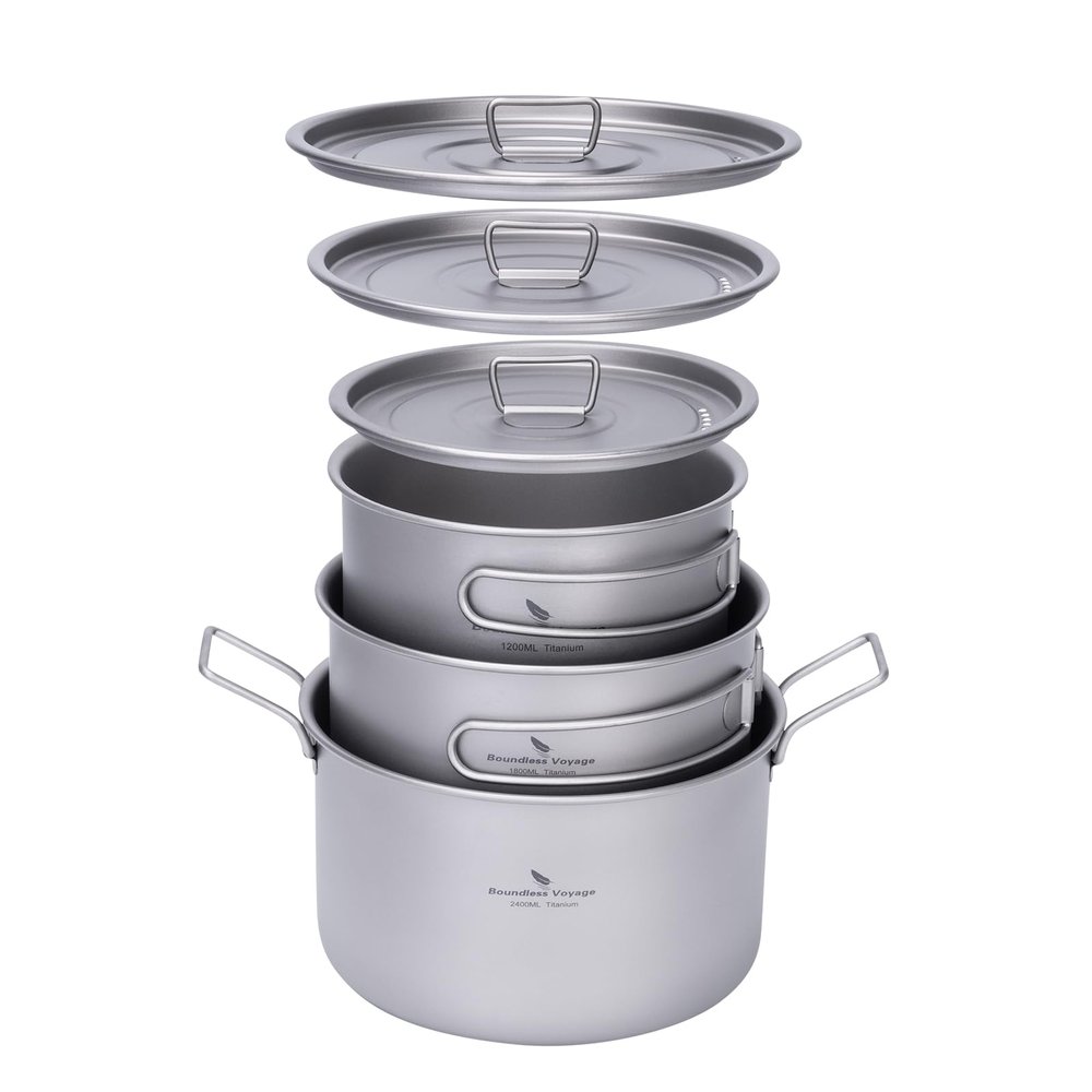 Boundless Voyage Titanium Pot Portable Camping Cookware Lightweight Cooking Pot Set for Outdoor Cooking Traveling Backpacking Hiking Trekking Picnic (3 Pcs Set)