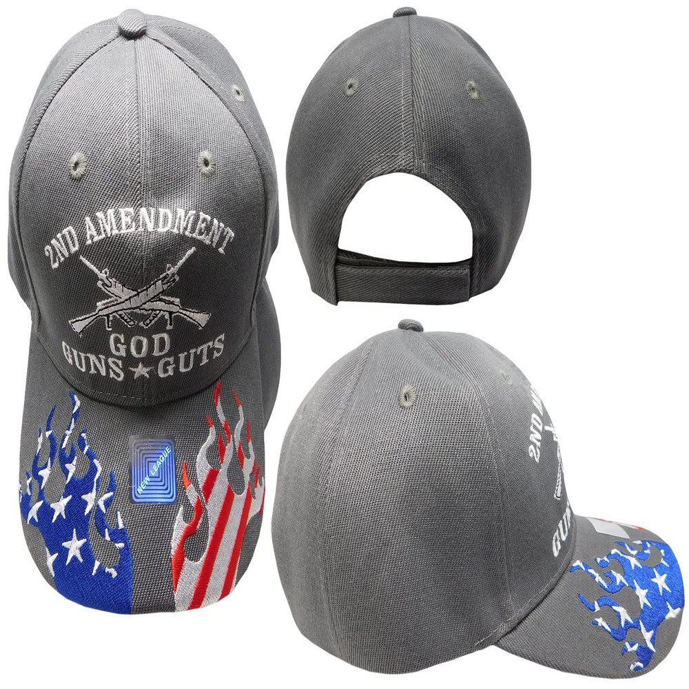 2nd Amendment God Guns Guts USA Flames On Bill Grey Gray Polyester Cotton Blend Adjustable Baseball Ball Cap Hat