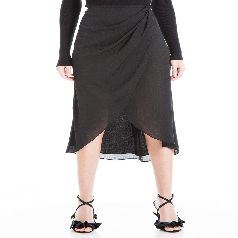 Max Studio Women's Satin Fuax Wrap Skirt, Black, X-Large