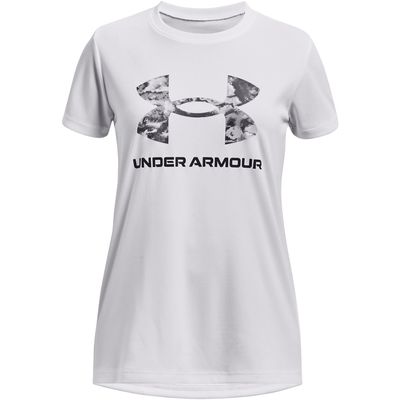 Under Armour Girls Tech Print Big Logo Short Sleeve Crew, (101) White / / Black, Small
