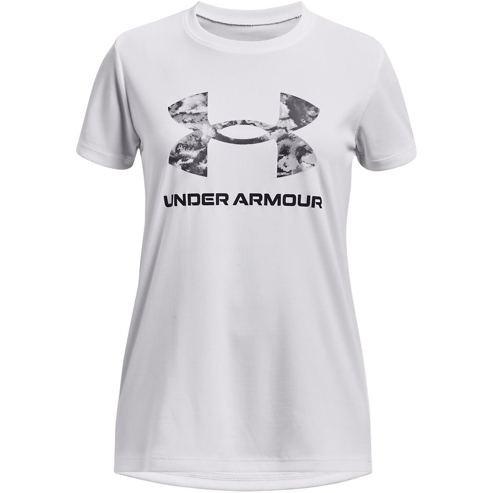 Under Armour Girls Tech Print Big Logo Short Sleeve Crew, (101) White / / Black, Small