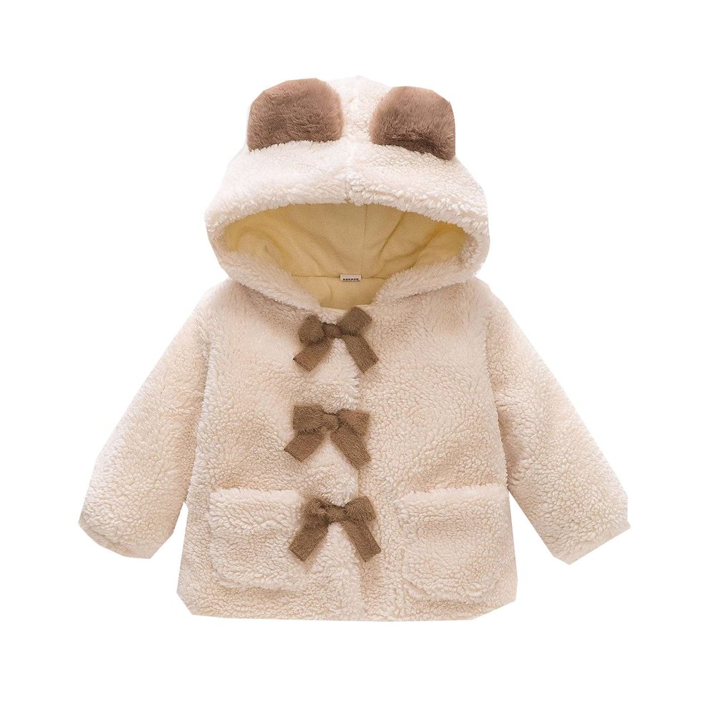 Toddler Girls Thick Woolen Coat Winter Cute Plus Fluffy Hooded Coat Bear Ears Bow Jacket Outwear (White, 18-24 Months)