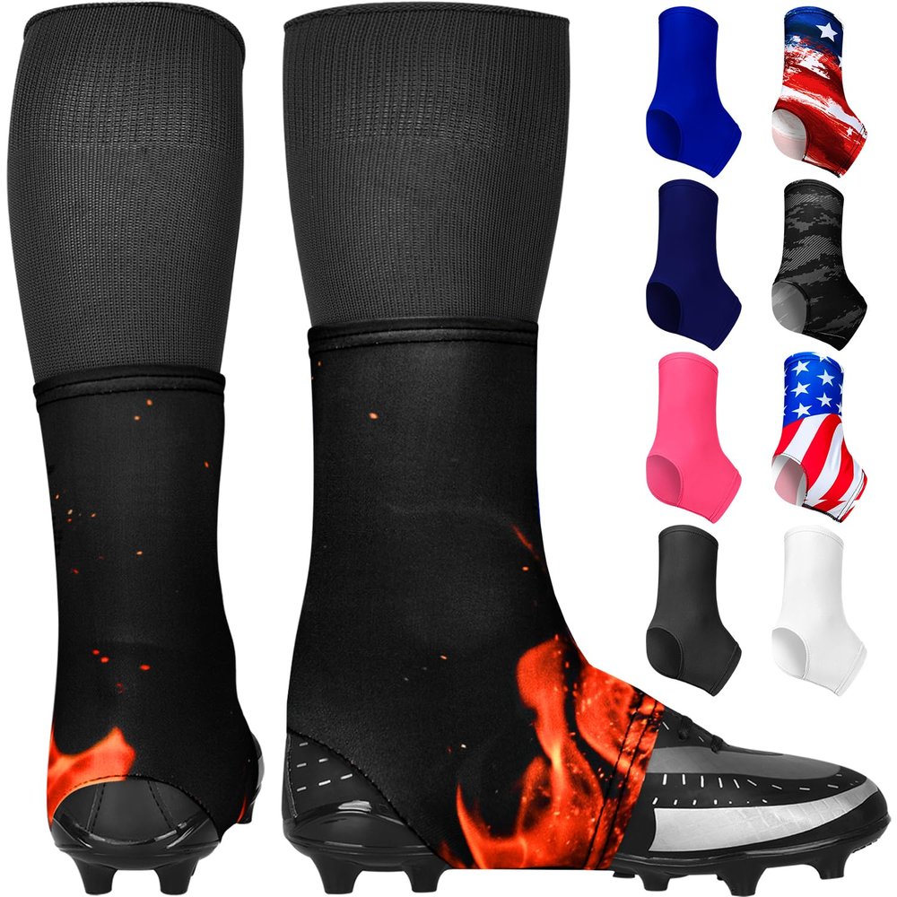 Exxact Sports Spats Football Cleat Covers - Keep Your Laces Tied and Cleats Clean, Football Spats for Cleats, Perfect for Baseball, Soccer, Lacrosse, Hockey (Flam, Large)