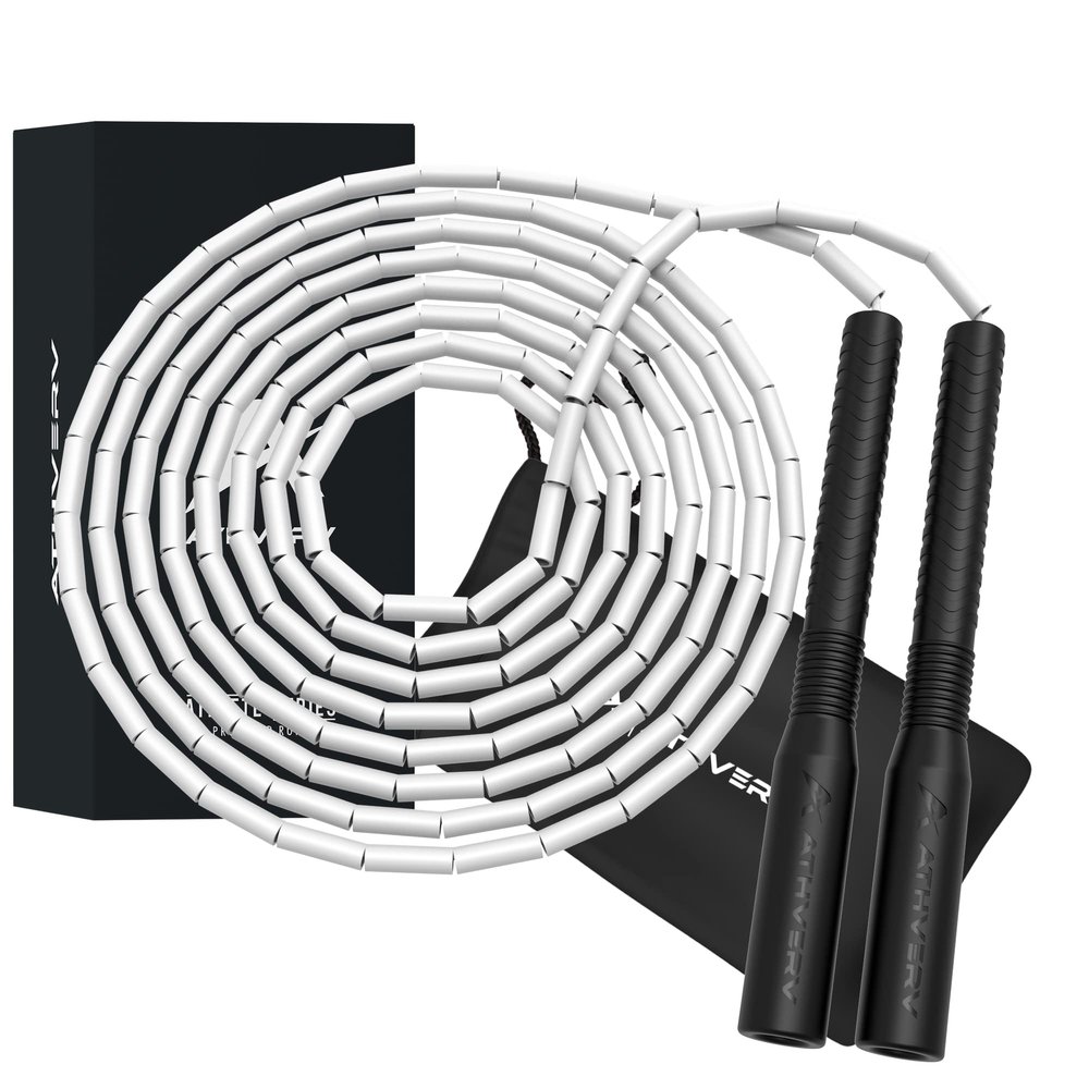 ATHVERV Pvc Freestyle Long Handle Beaded Jump Rope 10 Ft, 1 Inch Beaded Skipping Rope For Tricks (White)