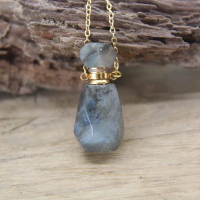 Faceted Natural Stone Crystal Vial Pendant Necklace Crystal Perfume Bottle Charms Chains Jewelry,Labradorite