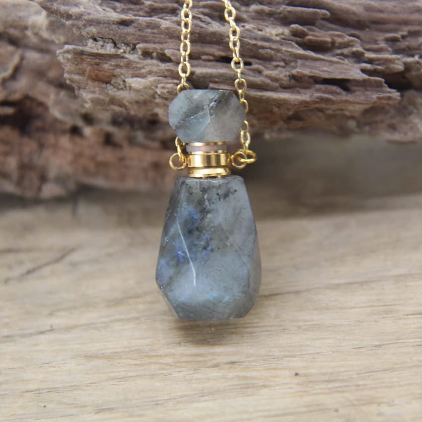 Faceted Natural Stone Crystal Vial Pendant Necklace Crystal Perfume Bottle Charms Chains Jewelry,Labradorite