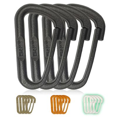 Breakwater Supply Hingeless Carabiner Hooks 4 Pack, Small 2-inch Gear Attachment Clips for Backpack, Keys, Keychain, Water Bottle, MOLLE + Ultralight, Tactical, D-Ring, Non-Corrosive, D-Shape (Black)