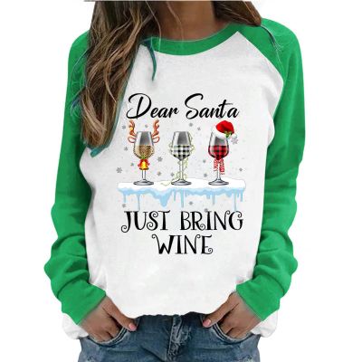 Dear Santa Just Bring Wine Shirts Womens Christmas Graphic T-Shirt O-Neck Sweatshirt Patchwork Blouse 2025 Xmas Tops