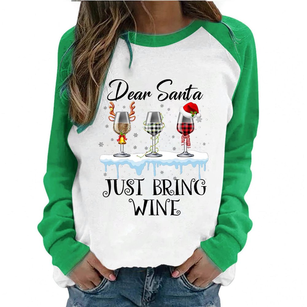 Dear Santa Just Bring Wine Shirts Womens Christmas Graphic T-Shirt O-Neck Sweatshirt Patchwork Blouse 2025 Xmas Tops