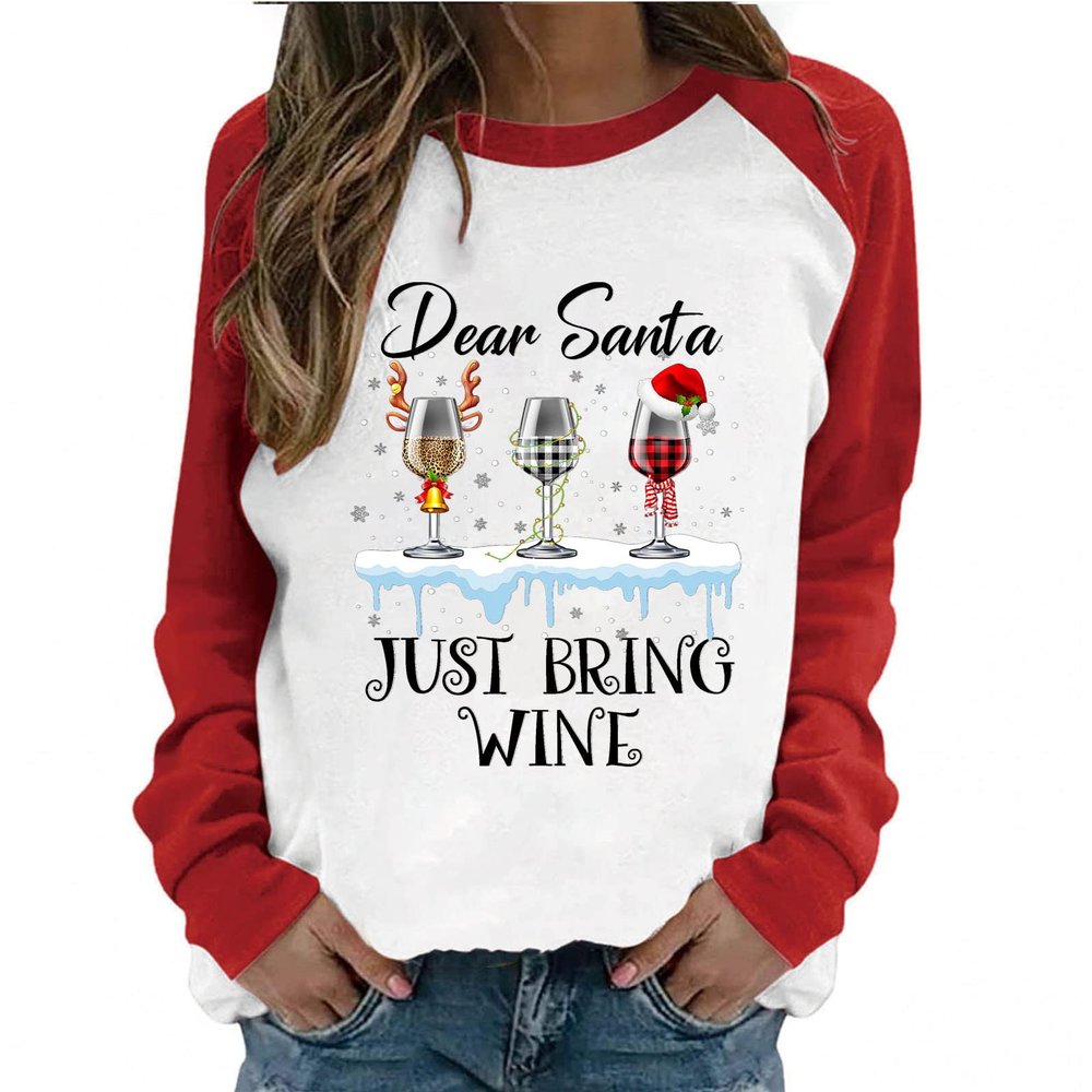 Dear Santa Just Bring Wine Shirts Womens Christmas Graphic T-Shirt O-Neck Sweatshirt Patchwork Blouse 2025 Xmas Tops