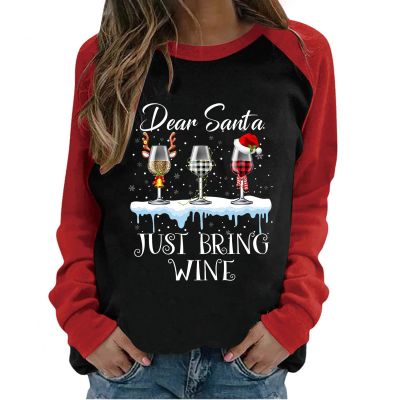 Dear Santa Just Bring Wine Shirts Womens Christmas Graphic T-Shirt O-Neck Sweatshirt Patchwork Blouse 2025 Xmas Tops