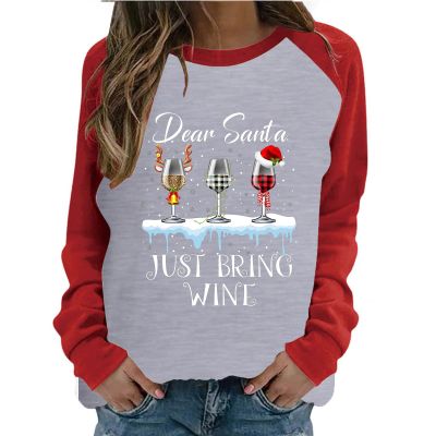 Dear Santa Just Bring Wine Shirts Womens Christmas Graphic T-Shirt O-Neck Sweatshirt Patchwork Blouse 2025 Xmas Tops