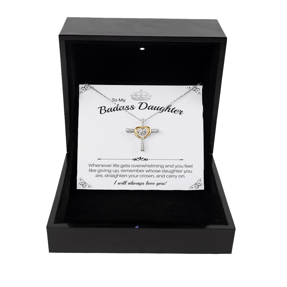 Cross Dancing Necklace Luxury Box Badass Daughter, Cross Necklace, Pendant Jewelry, straighten Your Crown, Daughter Gift, from mom, from dad, Daught