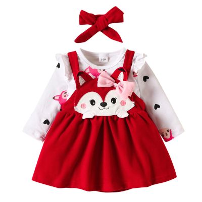 Infant Toddler Girls Long Sleeve Cartoon Print Romper Bodysuits Suspenders Skirts New Born Clothes for (RD1, 0-3 Months)