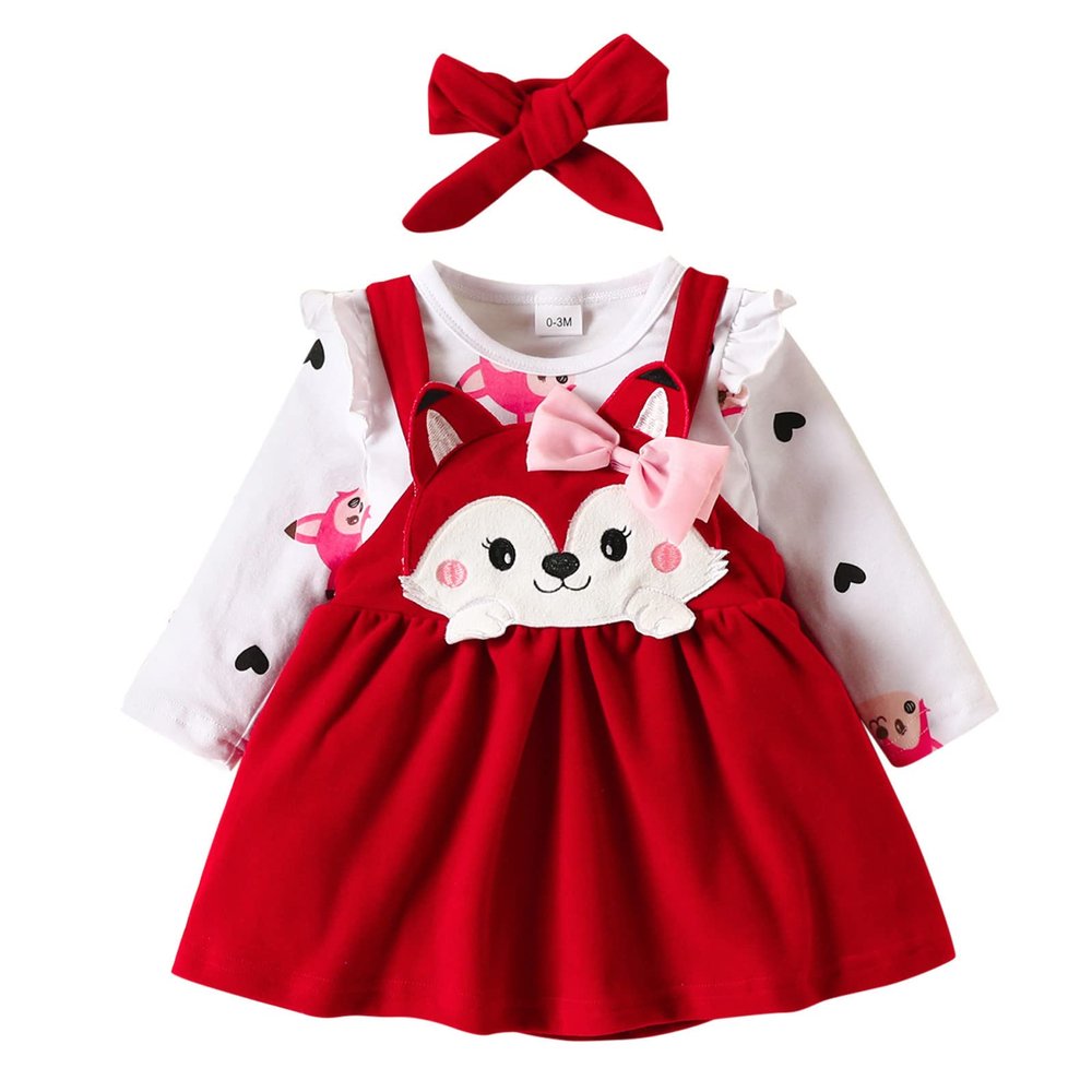 Infant Toddler Girls Long Sleeve Cartoon Print Romper Bodysuits Suspenders Skirts New Born Clothes for (RD1, 0-3 Months)