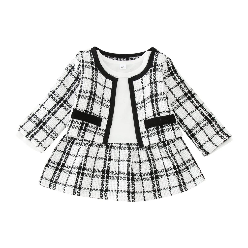 2Pcs Toddler Baby Girls Kid Long Sleeve Plaid Cardigan Coat Outwear +Plaid Dress Skirt Princess Party (White, 2-3 Years)