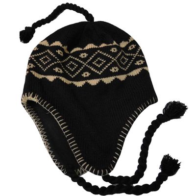 Nayt Men's Peruvian Helmet Style Earflap Strings Beanie Knit Hat (Black Khaki)