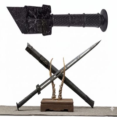 LOONGSWORD Chinese Han Jian  Hand-Forged High Manganese Steel Blade, Black Scabbard with Etched Patterns, Collectible Martial Arts & Decorative Sword, 42.5" Overall