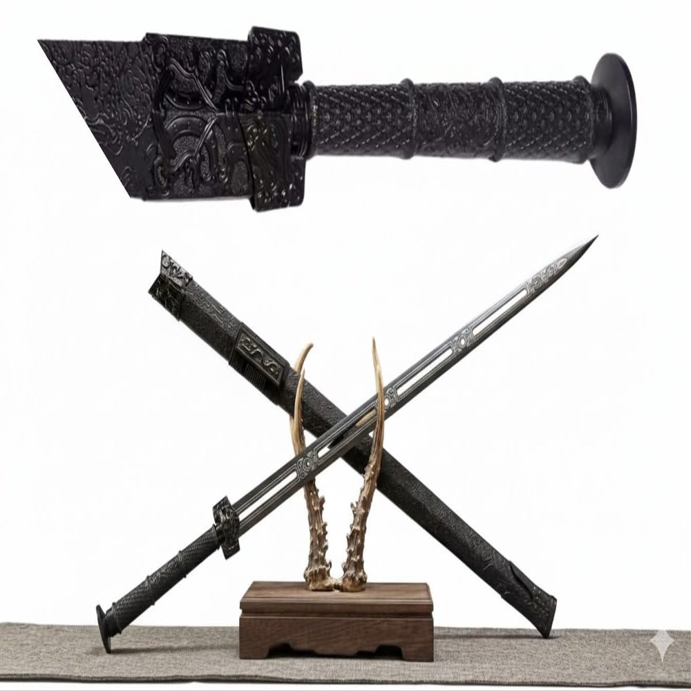 LOONGSWORD Chinese Han Jian  Hand-Forged High Manganese Steel Blade, Black Scabbard with Etched Patterns, Collectible Martial Arts & Decorative Sword, 42.5" Overall