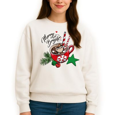 Merry and Bright Sweatshirt, Christmas Hooded Top, Hot Chocolate Winter Theme Graphic Sweatshirt, Holiday Sweater, Noel Xmas Top Sweatshirt for Unisex Adult (Sweatshirt and Hoodie)