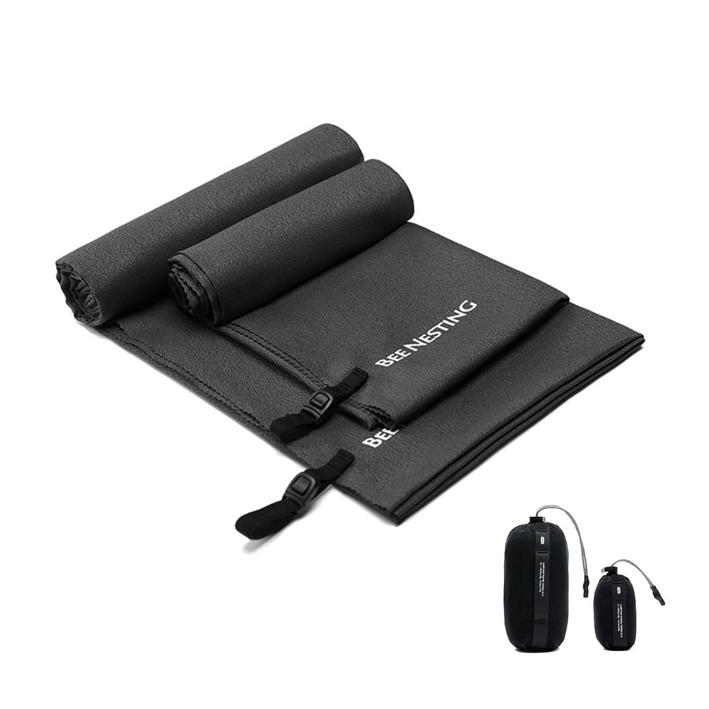 Bee Nesting Ultralight Quick Dry Towel - Medium&Small 2 Pack Microfiber Towels with Compact Packable Pocket for Lightweight Backpacking Travel, Beach, Gym, Camping & Hiking(Black, M&S 2 Set)