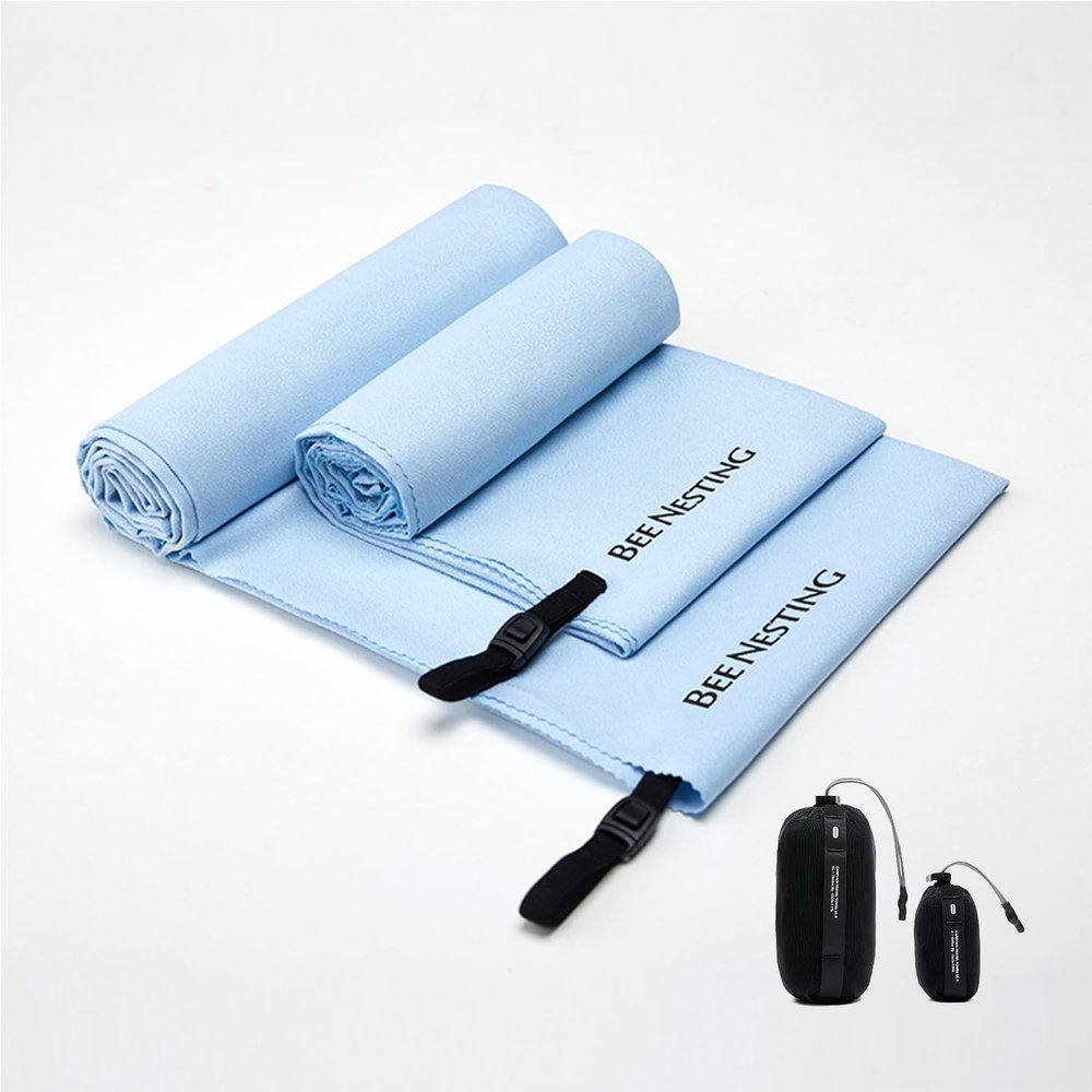 Bee Nesting Ultralight Quick Dry Towel - Medium&Small 2 Pack Microfiber Towels with Compact Packable Pocket for Lightweight Backpacking Travel, Beach, Gym, Camping & Hiking(Blue, M&S 2 Set)