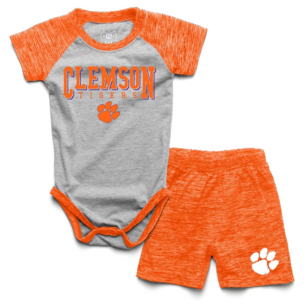 Wes and Willy Baby College Sports Fan Outfit One Piece Snap Suit and Short Set Cloudy Yarn Pattern (Clemson Tigers, 24 Months)