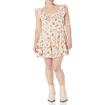 Angie Women's Tiered Skirt Dress with Ruffle Neckline and Open Back, Ivory, Large