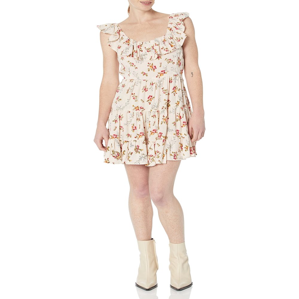 Angie Women's Tiered Skirt Dress with Ruffle Neckline and Open Back, Ivory, Large