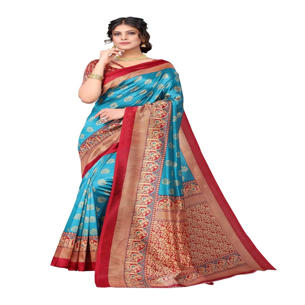 IMTRA FASHION Women's Indian Sari Printed Art Silk Saree with Blouse Piece Blue (MINALI RAMA)