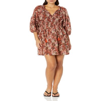 Angie Women's 3/4 Sleeve Smocked Waist Tie Neck Dress, Pecan, Medium