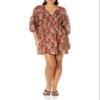 Angie Women's 3/4 Sleeve Smocked Waist Tie Neck Dress, Pecan, Medium view 1